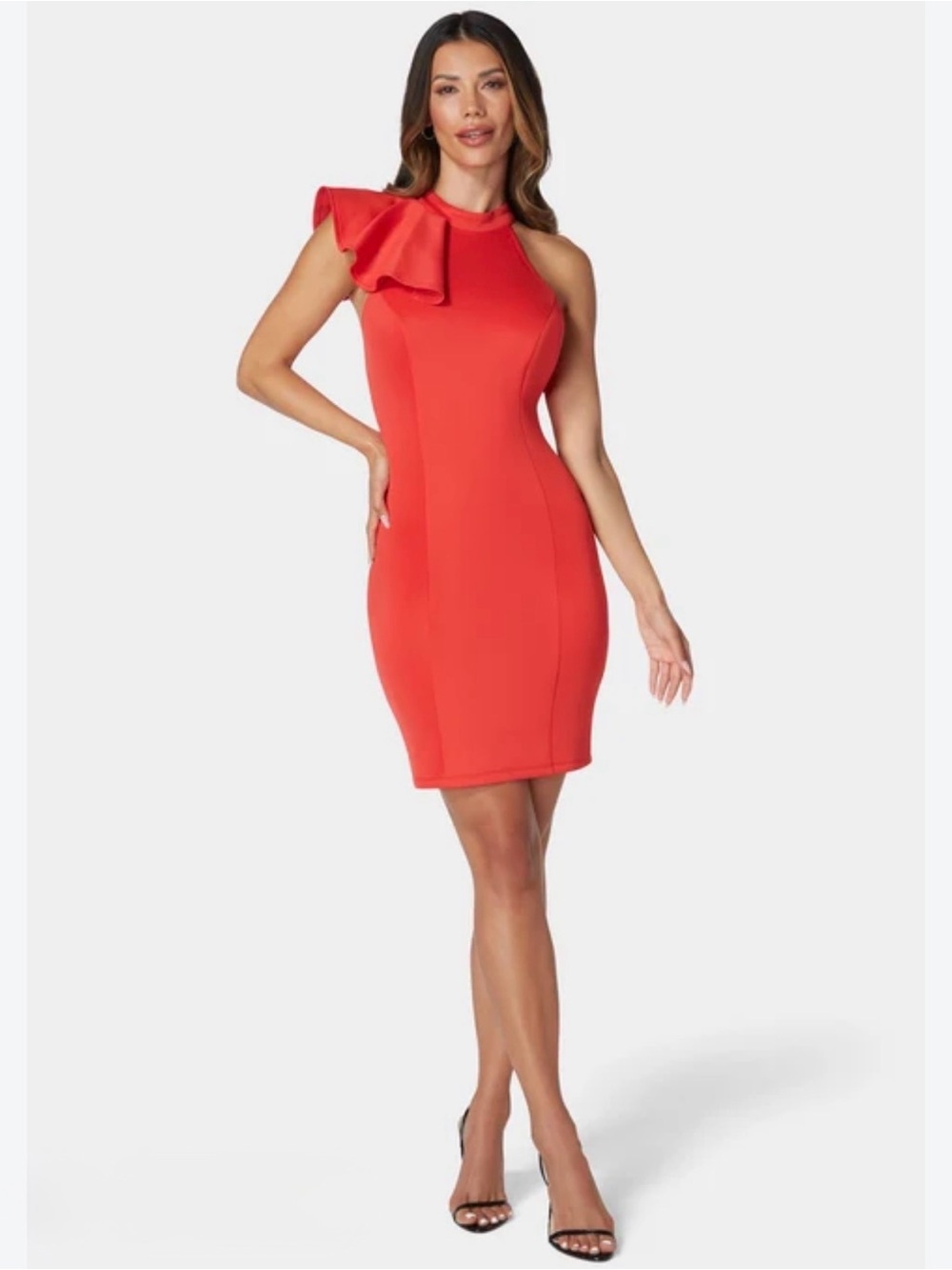 bebe Red One-Shoulder Ruffle Sheath Dress - Picture 5 of 6
